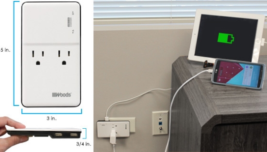 Picture 2 of Ultra Slim Dual Outlet Adapter w/ AC and USB Outlets