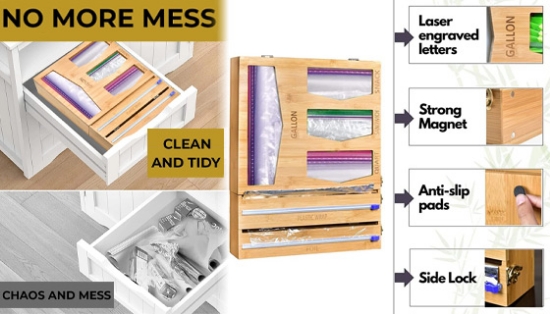 Picture 4 of Bamboo Kitchen Bag and Wrap Organizer with Foil and Plastic Wrap Cutters