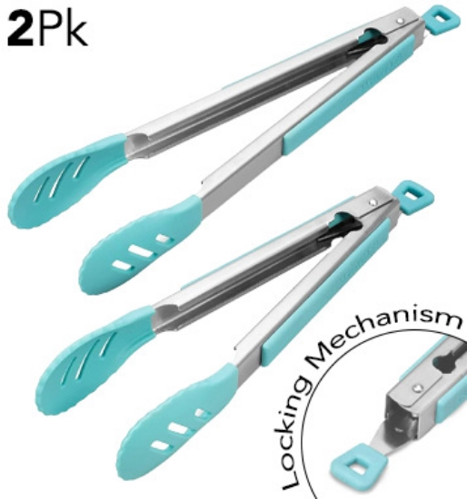 Picture 1 of Premium Silicone Locking Kitchen Tong Set: 10" + 12"